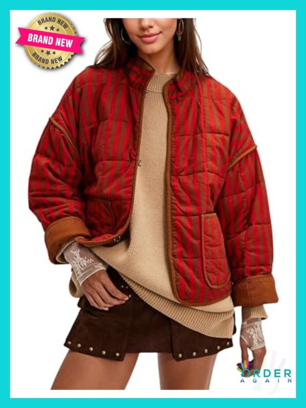 Women's Quilted Lightweight Puffer Jacket Stand Collar Striped Padded Coat with